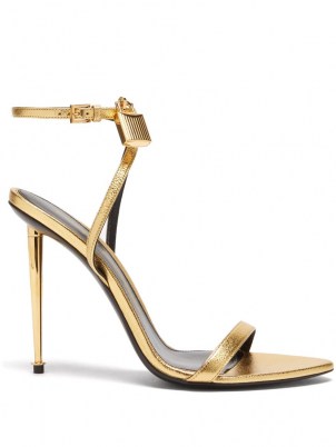 TOM FORD Naked metallic-leather heeled sandals in gold ~ luxe barely there padlock buckle detail stiletto heels