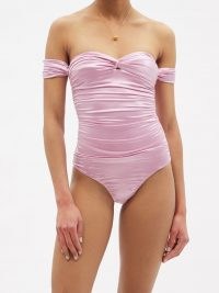 ISA BOULDER Together off-the-shoulder ruched metallic swimsuit ~ pink swimsuits ~ poolside glamour