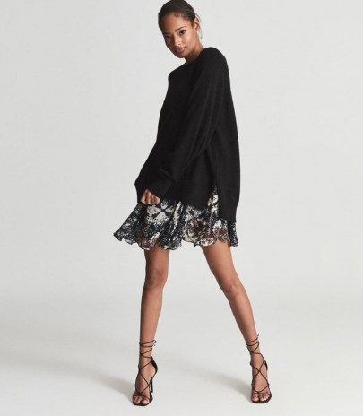 Reiss MIA 2-IN-1 FINE-KNIT JUMPER & PRINTED DRESS BLACK PRINT | floaty dresses under slouchy jumpers | chic knitwear