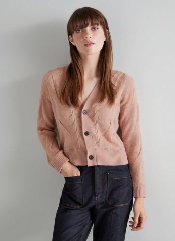 L.K. BENNETT MICHELLE PINK MOHAIR-BLEND CABLE KNIT CARDIGAN ~ womens soft V-neck cardigans - flipped