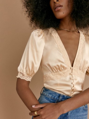 Reformation Millie Top in Almond | luxe vintage style silk blouses | feminine lace edged tops - flipped