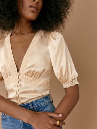 Reformation Millie Top in Almond | luxe vintage style silk blouses | feminine lace edged tops