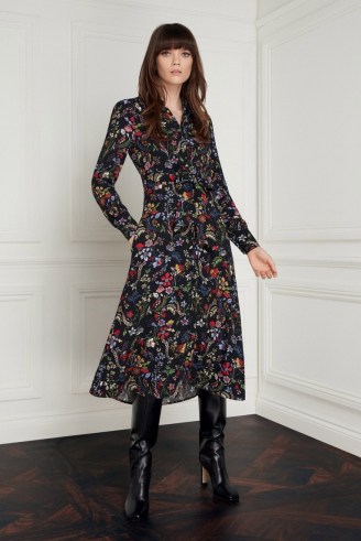 jane atelier MINERVA BLACK SECRET GARDEN SHIRT DRESS ~ floral long sleeve tie waist dresses - flipped