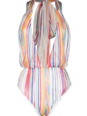 Missoni Mare vertical-stripe halterneck swimsuit | striped deep plunge halter swimsuits | plunging neckline swimwear - flipped