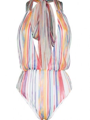 Missoni Mare vertical-stripe halterneck swimsuit | striped deep plunge halter swimsuits | plunging neckline swimwear