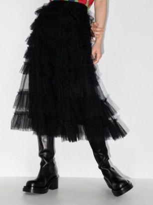 Molly Goddard Nuala black ruffle-detailing tulle midi skirt | sheer overlay ruffled skirts - flipped