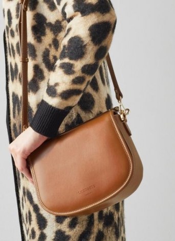 L.K. BENNETT MOLLY TAN LEATHER SHOULDER BAG ~ brown top handle bags ~ front flap closure handbags