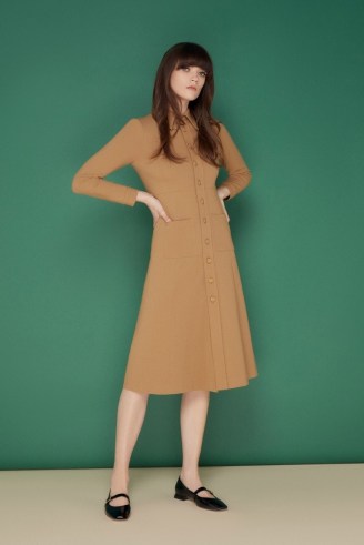 jane atelier MONTREAL JERSEY SHIRT DRESS ~ camel brown vintage style point collar dresses ~ goat womens fashion - flipped
