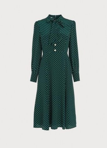 L.K. BENNETT MORTIMER GREEN & CREAM POLKA DOT SILK DRESS ~ vintage inspired pussy bow dresses ~ womens retro fashion - flipped
