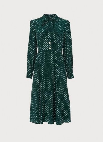L.K. BENNETT MORTIMER GREEN & CREAM POLKA DOT SILK DRESS ~ vintage inspired pussy bow dresses ~ womens retro fashion