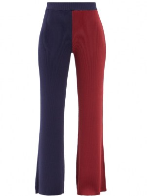 STAUD Faama colour-block ribbed-knit flared trousers / chic knitted colourblock pants / burgundy and navy blocked knitwear / red and blue - flipped