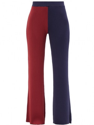 STAUD Faama colour-block ribbed-knit flared trousers / chic knitted colourblock pants / burgundy and navy blocked knitwear / red and blue