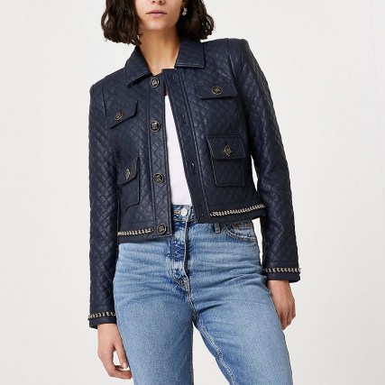 River Island Navy faux leather quilted jacket – womens chain detail jackets – women’s fashionable outerwear - flipped