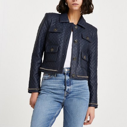 River Island Navy faux leather quilted jacket – womens chain detail jackets – women’s fashionable outerwear