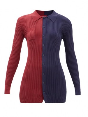 STAUD Milton colour-block ribbed-knit cardigan navy/red / womens colourblock cardigans - flipped