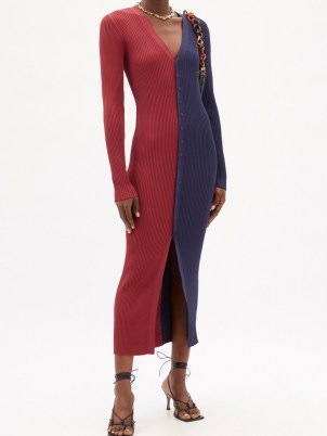 STAUD Shoko buttoned ribbed-knit dress / chic red and navy colour block dresses / women’s colourblock fashion - flipped