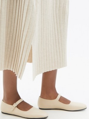 THE ROW Ava square-toe cream leather Mary Jane flats | classic single buckle strap flat heel shoes | vintage inspired Mary Janes | women’s luxe footwear - flipped