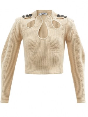 SELF-PORTRAIT Cutout cotton-blend rib-knit sweater – womens beige cut out sweaters - flipped