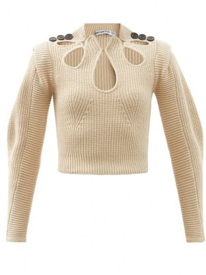 SELF-PORTRAIT Cutout cotton-blend rib-knit sweater – womens beige cut out sweaters