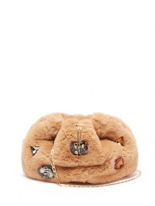 ROSANTICA Fluffy beige faux-fur cross-body bag ~ luxe crystal covered shoulder bags ~ crossbody with multicoloured crystals ~ embellished chain strap handbags