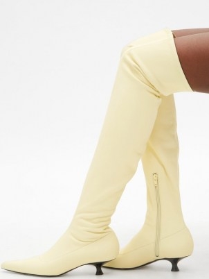 KHAITE Volos point-toe over-the-knee cream leather boots / luxe thigh high kitten heel boots - flipped