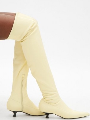 KHAITE Volos point-toe over-the-knee cream leather boots / luxe thigh high kitten heel boots