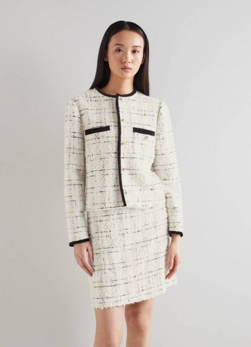 L.K. BENNETT SILVIA CREAM TWEED JACKET / womens classic checked textured fabric jackets - flipped