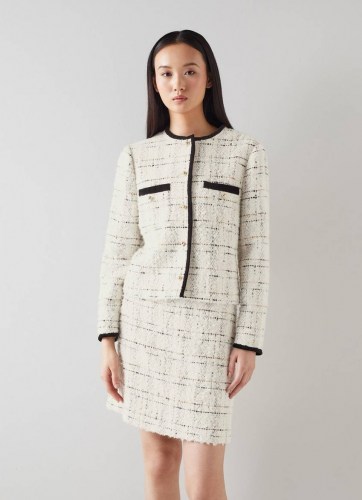 L.K. BENNETT SILVIA CREAM TWEED JACKET / womens classic checked textured fabric jackets