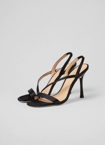 L.K. BENNETT NOVEMBER BLACK SATIN STRAPPY SANDALS ~ asymmetric strap stiletto heels ~ glamorous high heel evening slingbacks - flipped