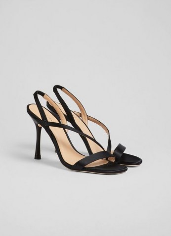 L.K. BENNETT NOVEMBER BLACK SATIN STRAPPY SANDALS ~ asymmetric strap stiletto heels ~ glamorous high heel evening slingbacks
