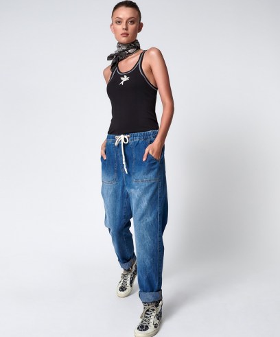 ONETEASPOON RESORT BLUE HIGH WAIST SHABBIES DRAWSTRING JEANS | womens jogger inspired jeans | women’s on-trend denim fashion | one teaspoon casual clothing - flipped