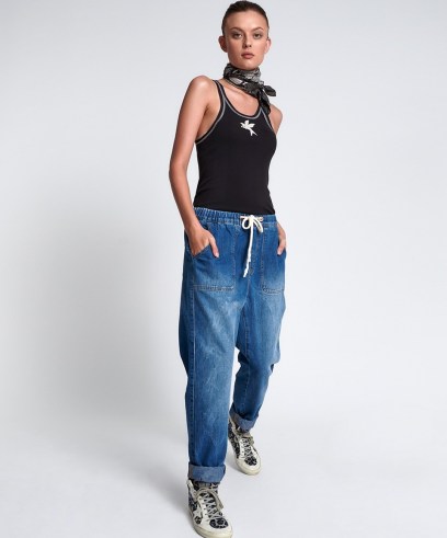 ONETEASPOON RESORT BLUE HIGH WAIST SHABBIES DRAWSTRING JEANS | womens jogger inspired jeans | women’s on-trend denim fashion | one teaspoon casual clothing