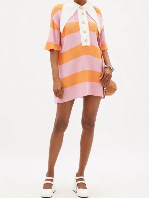 ELZINGA Exaggerated-collar striped jersey mini dress ~ womens retro dresses ~ vintage style fashion ~ oversized pointed collars ~ pink and orange stripes