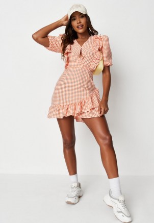 Missguided orange gingham print ruffle wrap dress – check print frill trim dresses