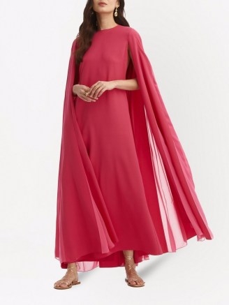 Oscar de la Renta raspberry-pink cape-sleeve tulle drape gown ~ silk sheer overlay gowns - flipped