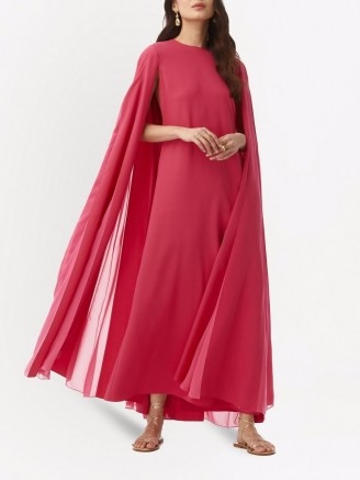 Oscar de la Renta raspberry-pink cape-sleeve tulle drape gown ~ silk sheer overlay gowns