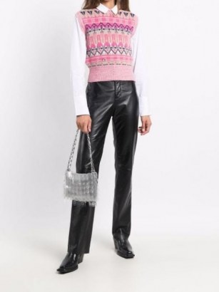 Paco Rabanne pink crew-neck intarsia-knit vest – knitted vests – sleeveless sweaters – patterned tank tops - flipped
