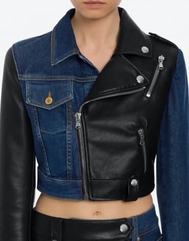 MOSCHINO PATCHWORK CROPPED JACKET | spliced denim jackets | womens biker inspired outerwear | women’s designer fashion - flipped