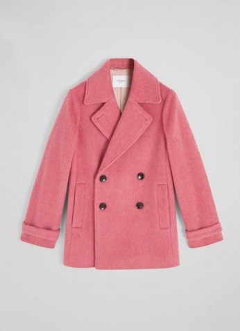 L.K. BENNETT PELUSO PINK WOOL MIX COAT / womens feminine pea coats / women’s casual luxe outerwear / fluffy / textured - flipped