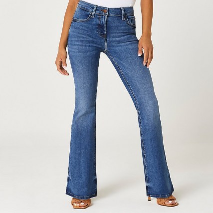 River Island Petite blue mid rise flared jeans | womens denim flares - flipped