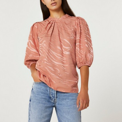 River Island Pink animal print pleated high neck top - flipped