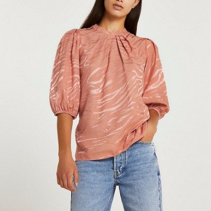 River Island Pink animal print pleated high neck top