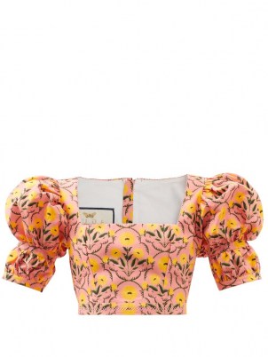 AGUA BY AGUA BENDITA Bambu puff-sleeve floral-print cotton crop top / pink cropped fitted bodice square neck tops - flipped