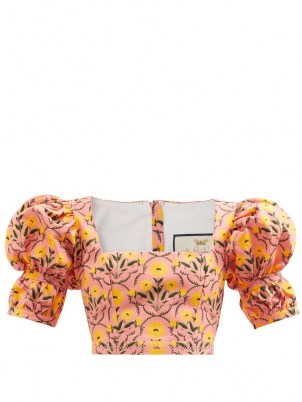 AGUA BY AGUA BENDITA Bambu puff-sleeve floral-print cotton crop top / pink cropped fitted bodice square neck tops