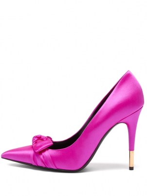 TOM FORD Bow-embellished PINK satin point-toe pumps ~ glamorous high heel courts ~ bright pointed courts - flipped