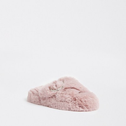 River Island Pink faux fur slippers ~ fluffy buckle embellished slipper - flipped