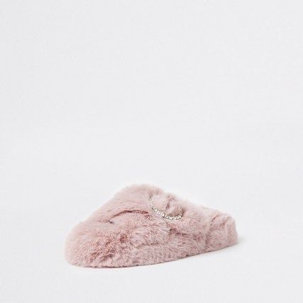 River Island Pink faux fur slippers ~ fluffy buckle embellished slipper