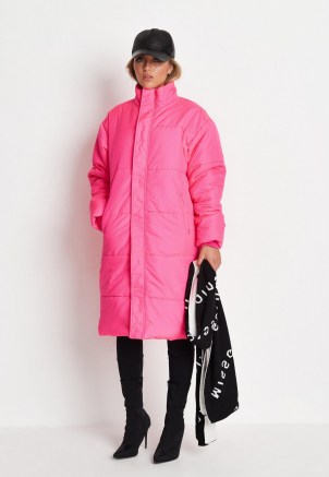 MISSGUIDED pink high neck oversized puffer coat ~ womens bright padded winter coats - flipped