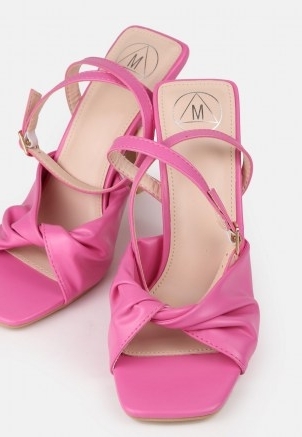 MISSGUIDED pink knot detail strappy heeled sandals ~ faux leather square-toe ankle strap high heels - flipped