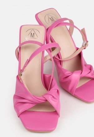 MISSGUIDED pink knot detail strappy heeled sandals ~ faux leather square-toe ankle strap high heels